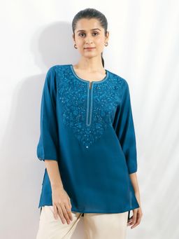 Silver Lime - Blue Yoke Embroidered Hi-Low Tunic