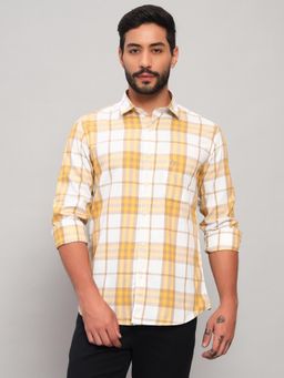 Cantabil - Men Cotton Yellow Collar Neck Slim Fit Checks Shirt