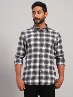 Cantabil - Men Cotton Grey Collar Neck Slim Fit Checks Shirt