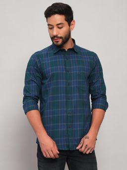 Cantabil - Men Cotton Green Collar Neck Slim Fit Checks Shirt