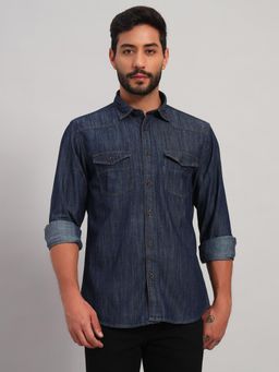 Cantabil - Men Cotton Blue Collar Neck Slim Fit Solid Shirt