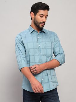 Cantabil - Men Cotton Grey Collar Neck Slim Fit Checks Shirt