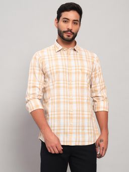 Cantabil - Men Cotton Mustard Collar Neck Slim Fit Checks Shirt