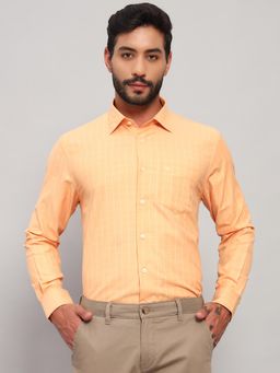 Cantabil - Men Cotton Blend Orange Collar Neck Slim Fit Checks Shirt