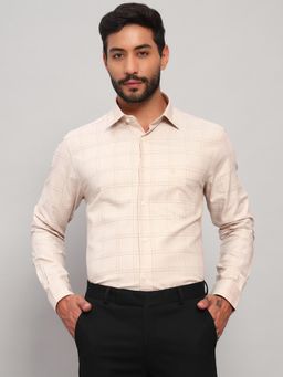 Cantabil - Men Cotton Beige Collar Neck Slim Fit Checks Shirt
