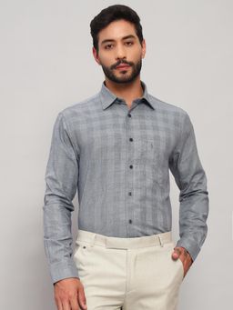 Cantabil - Men Cotton Navy Blue Collar Neck Slim Fit Checks Shirt