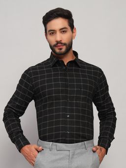 Cantabil - Men Cotton Black Collar Neck Slim Fit Checks Shirt