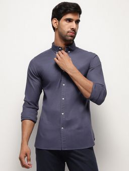 Subtract - Men Cotton Blue Collar Neck Slim Fit Solid Shirt