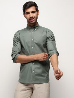 Subtract - Men Cotton Green Collar Neck Slim Fit Solid Shirt