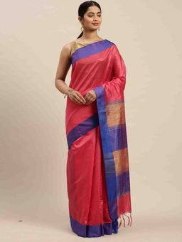 Rajnandini - Womens Coral Cotton Striped Woven Traditional Saree with Unstitched Blouse