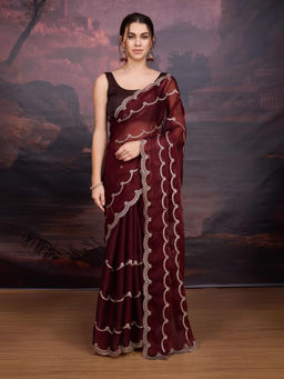Lush Glam - Maroon Floral Embroidered Art Silk Saree with Unstitched Blouse