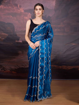 Lush Glam - Blue Floral Embroidered Art Silk Saree with Unstitched Blouse