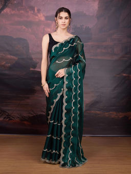 Lush Glam - Green Floral Embroidered Art Silk Saree with Unstitched Blouse