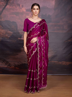 Lush Glam - Wine Floral Embroidered Art Silk Saree with Unstitched Blouse