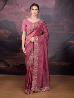 Lush Glam - Pink Embroidered Embellished Art Silk Border Saree with Unstitched Blouse