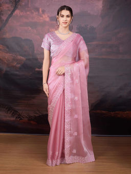 Lush Glam - Pink Embroidered Embellished Art Silk Saree with Unstitched Blouse