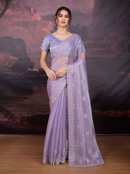 Lush Glam - Lavender Embroidered Embellished Art Silk Saree with Unstitched Blouse