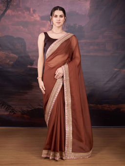 Lush Glam - Brown Solid Embellished Work Organza Saree with Unstitched Blouse