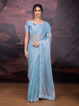 Lush Glam - Blue Floral Embroidered Art Silk Saree with Unstitched Blouse