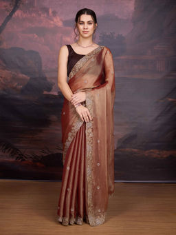 Lush Glam - Brown Floral Embroidered Art Silk Saree with Unstitched Blouse