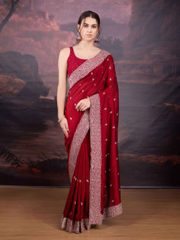 Lush Glam - Red Embroidered Pure Chiffon Saree with Unstitched Blouse
