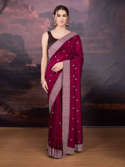 Lush Glam - Wine Embroidered Pure Chiffon Saree with Unstitched Blouse