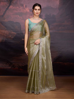 Lush Glam - Olive Embellished Embroidered Art Silk Saree with Unstitched Blouse