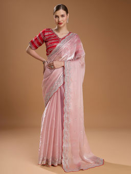 Lush Glam - Light Pink Embellished Sequined Tissue Saree with Stitched Blouse