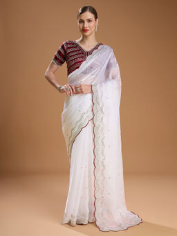 Lush Glam - White Embellished Sequined Tissue Saree with Stitched Blouse
