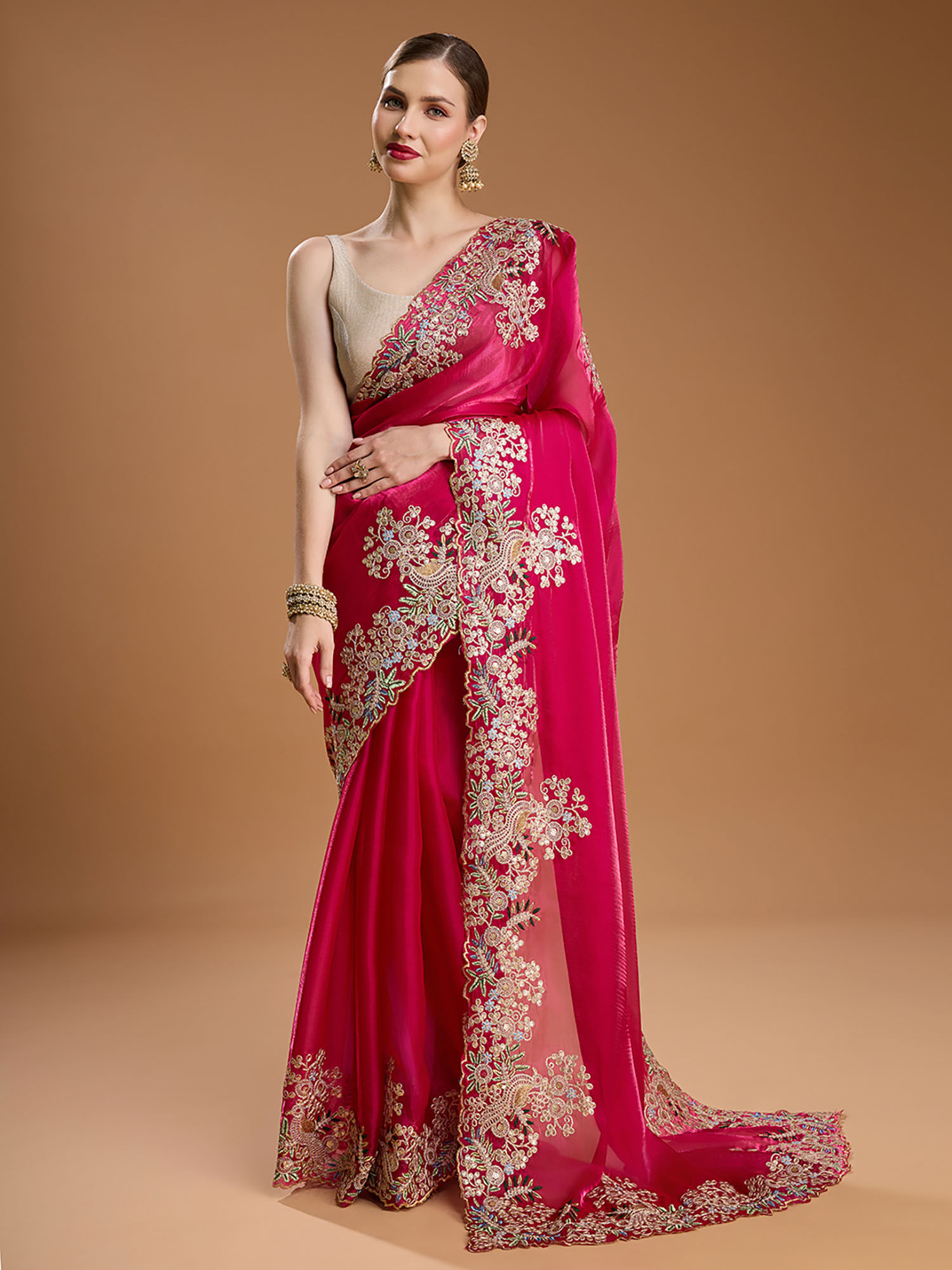 Pink Embellished Embroidered Tissue Saree with Unstitched Blouse-image-8