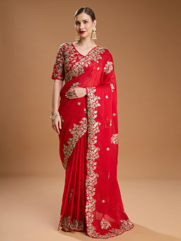 Lush Glam - Red Embroidered Embellished Art Silk Saree with Stitched Blouse