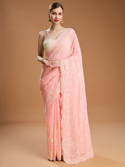 Lush Glam - Peach Embroidered Pure Georgette Saree with Unstitched Blouse