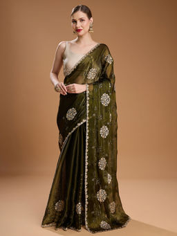 Lush Glam - Olive Embroidered Embellished Art Silk Saree with Unstitched Blouse