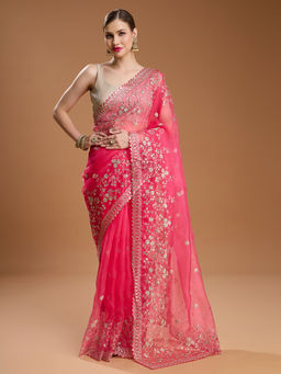 Lush Glam - Pink Embellished Embroidered Organza Saree with Unstitched Blouse