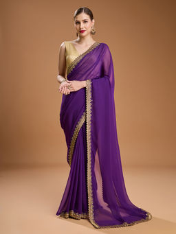 Lush Glam - Purple Solid Embroidered Poly Georgette Saree with Unstitched Blouse