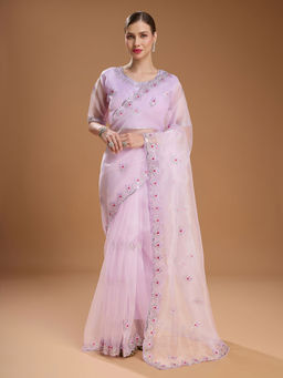 Lush Glam - Lavender Embroidered Embellished Organza Saree with Stitched Blouse