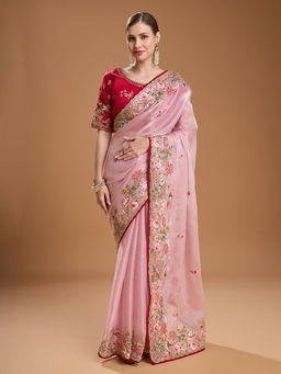 Lush Glam - Pink Embroidered Embellished Tissue Saree with Unstitched Blouse