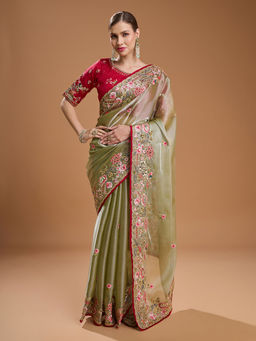 Lush Glam - Olive Embroidered Embellished Tissue Saree with Unstitched Blouse