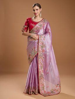Lush Glam - Purple Embroidered Embellished Tissue Saree with Unstitched Blouse