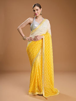 Lush Glam - Yellow Ombre Embellished Pure Georgette Saree with Unstitched Blouse