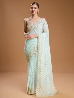 Lush Glam - Sea Blue Embellished Embroidered Pure Georgette Saree with Unstitched Blouse