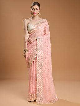 Lush Glam - Peach Embellished Embroidered Pure Georgette Saree with Unstitched Blouse