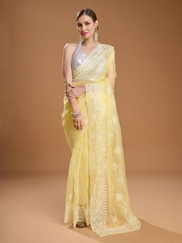 Lush Glam - Yellow Embroidered Embellished Organza Saree with Unstitched Blouse
