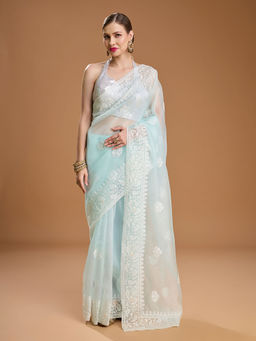 Lush Glam - Blue Embroidered Embellished Organza Saree with Unstitched Blouse
