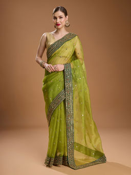 Lush Glam - Olive Embellished Embroidered Silk Blend Saree with Unstitched Blouse