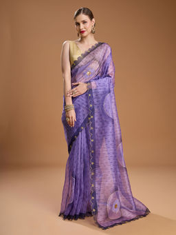Lush Glam - Purple Printed Beads and Stone Work Organza Saree with Unstitched Blouse