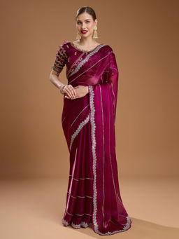 Lush Glam - Wine Embroidered Embellished Satin Saree with Stitched Blouse