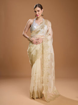 Lush Glam - Ivory Embellished Embroidered Organza Saree with Unstitched Blouse