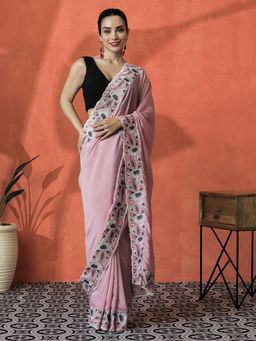 Lush Glam - Pink Embroidered Thread Work Satin Saree with Unstitched Blouse