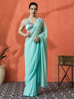 Lush Glam - Blue Embroidered Embellished Georgette Saree with Unstitched Blouse